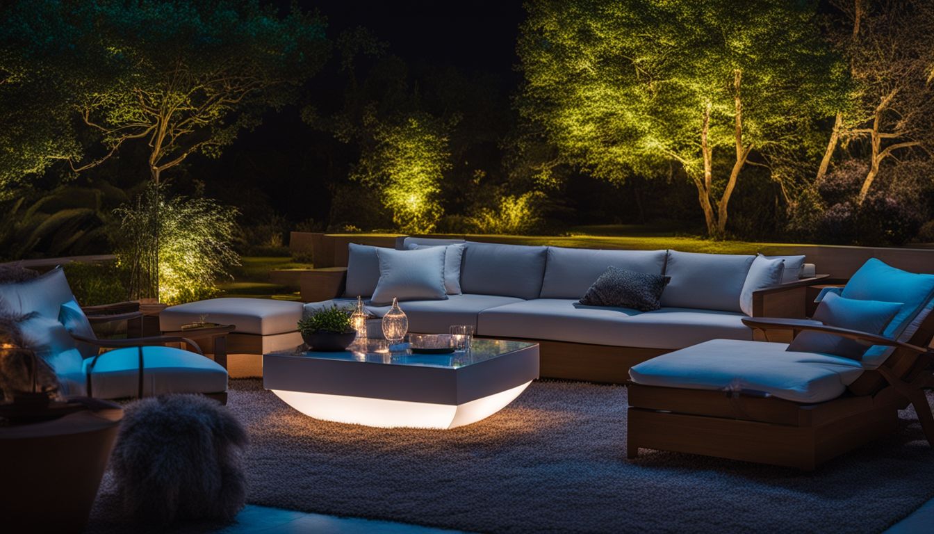 A photo of glowing LED furniture in an outdoor garden at night.