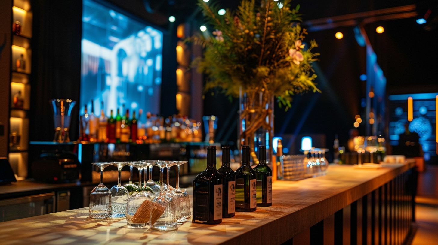 A modern bar table with event branding and stylish decor.