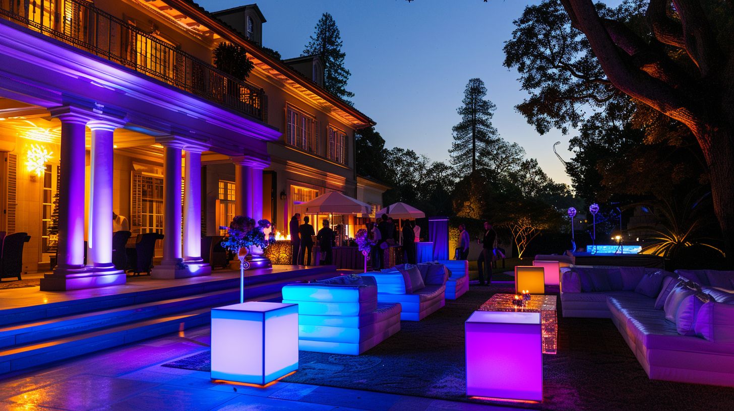 A stylish outdoor event with LED furniture and diverse attendees.