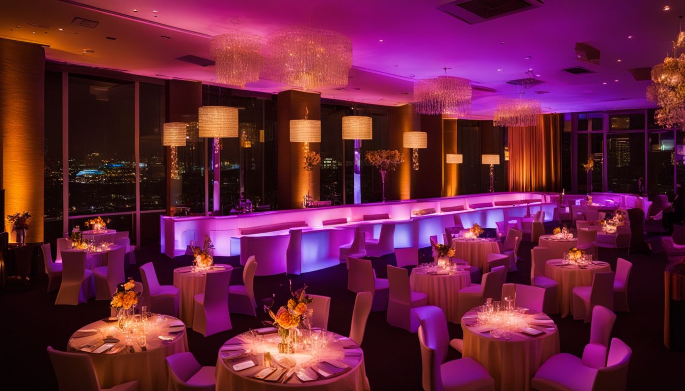 A photo of L E D illuminated cocktail tables and chairs in a chic event venue capturing a bustling atmosphere with different people.