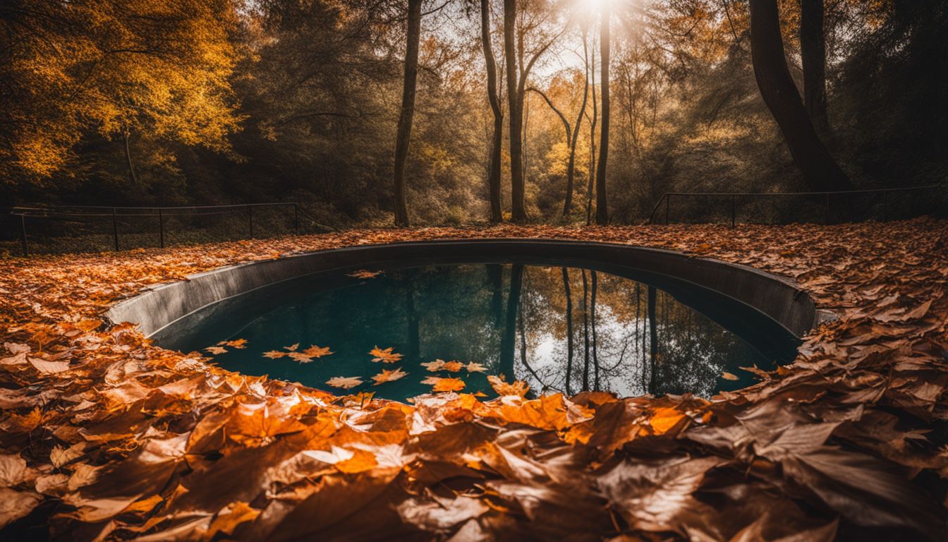 A pool covered with a sturdy, solid cover surrounded by fallen leaves.