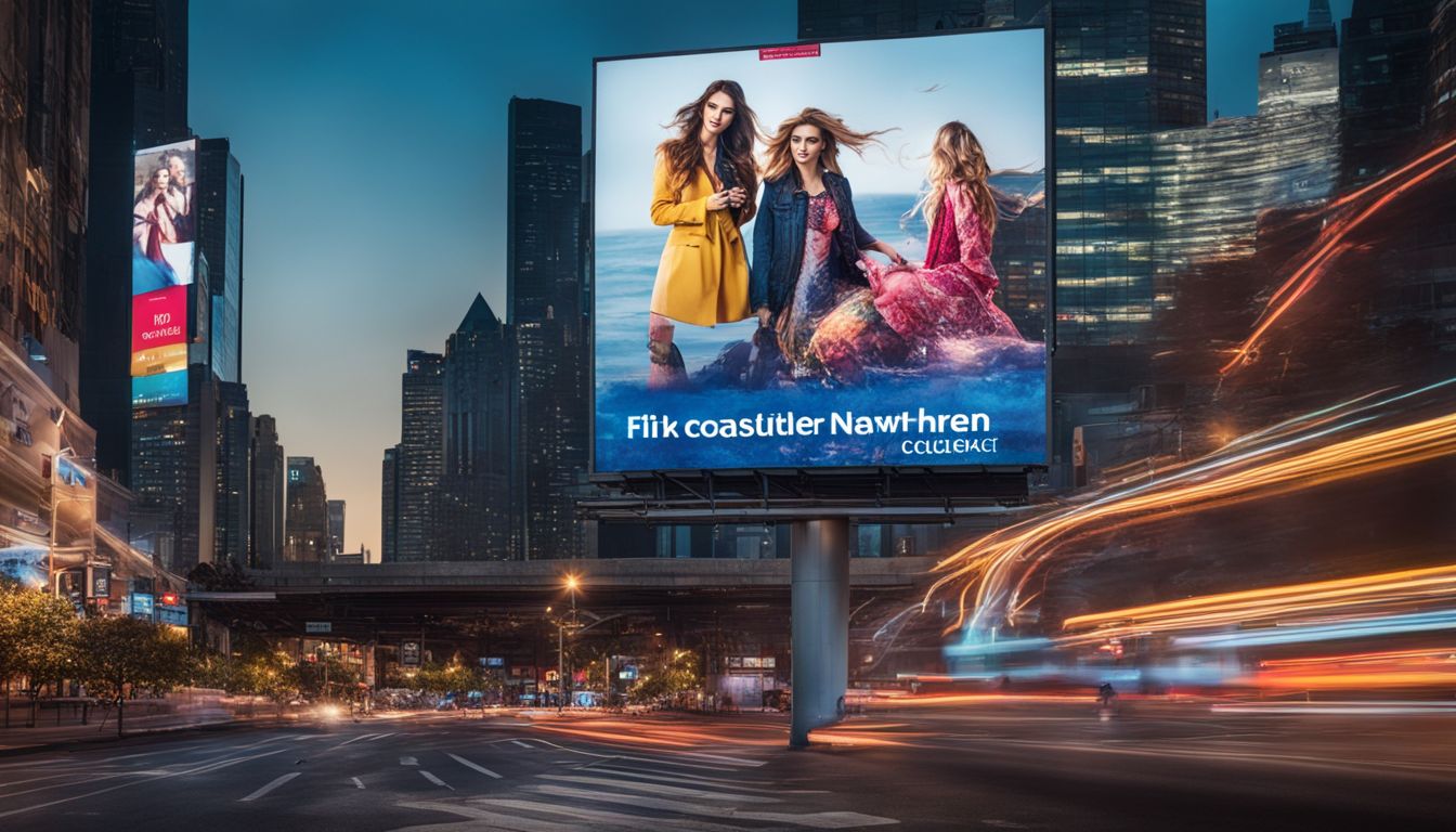 A billboard in a busy city displaying a dynamic digital advertisement.