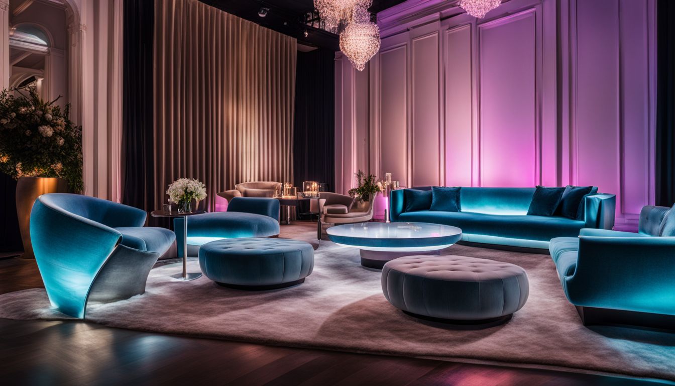 A photo of a stylish event with LED furniture and diverse attendees.