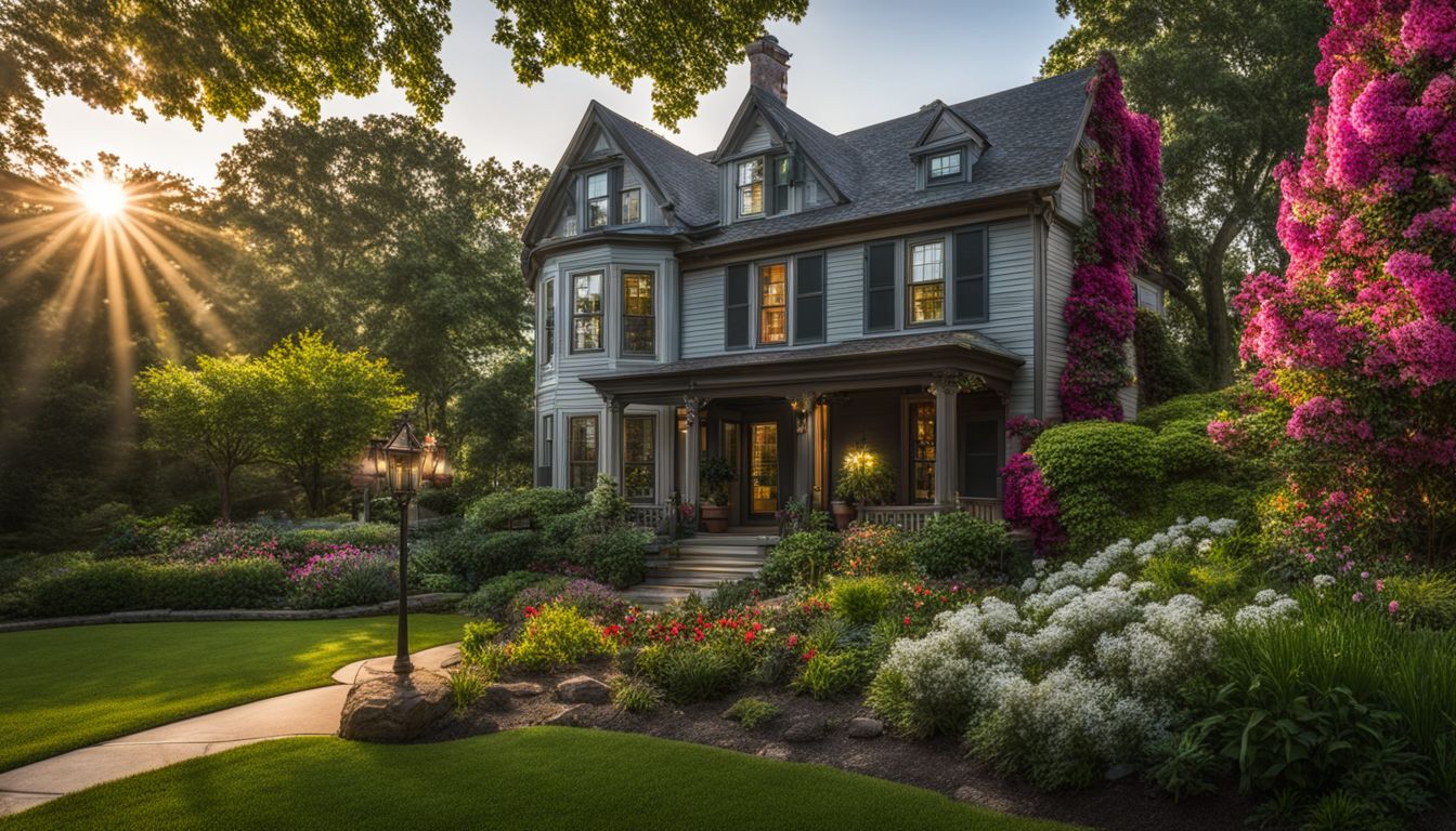 A photo of The McCreery House surrounded by gardens and bustling city life captured with high-quality equipment.