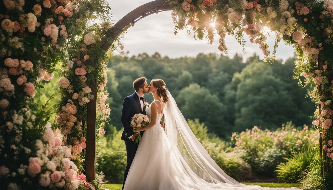 A bride and groom sharing a kiss under a blooming archway in a garden wedding setting.
