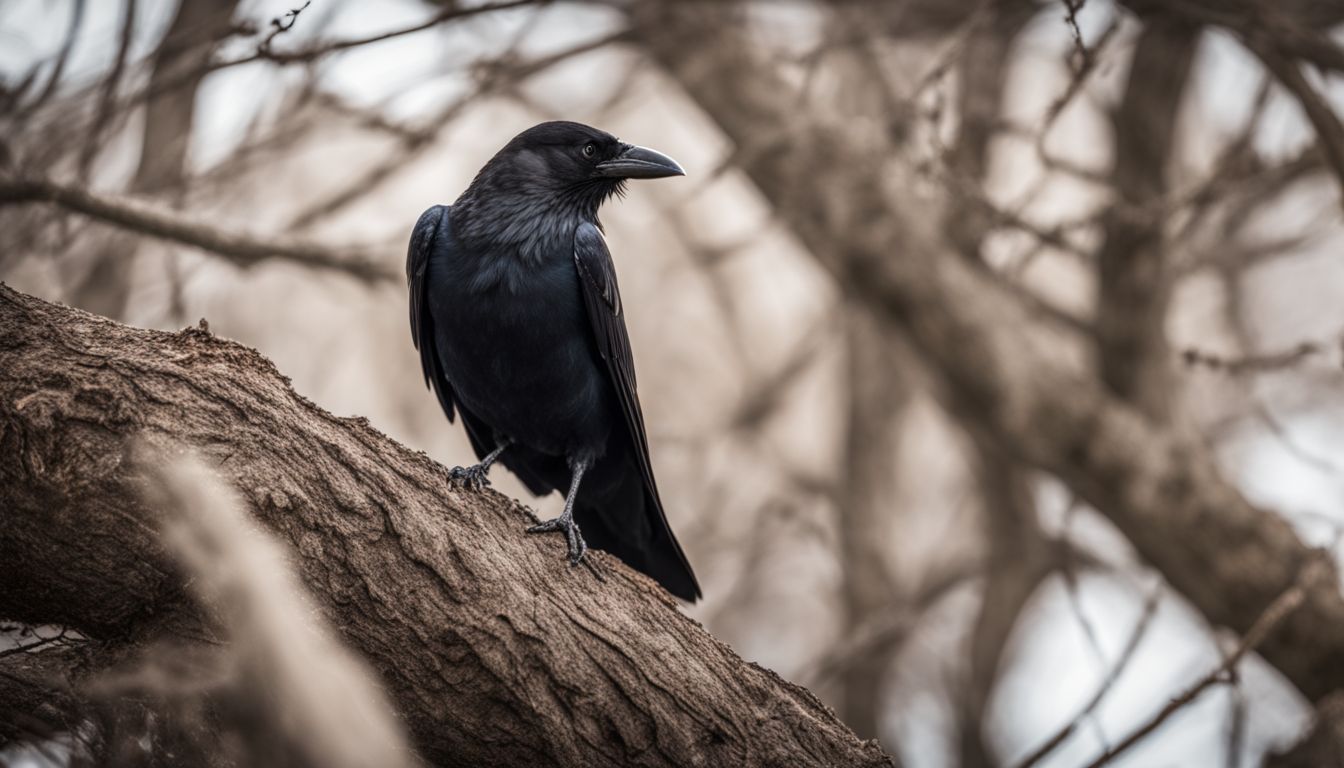 A photo of an american crow perched on an urban tree branch.
