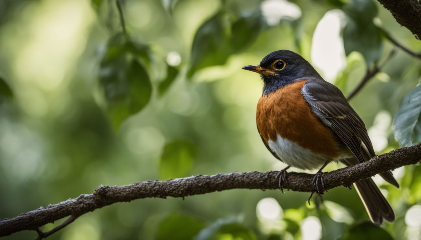 A vibrant american robin perched in lush, natural surroundings.