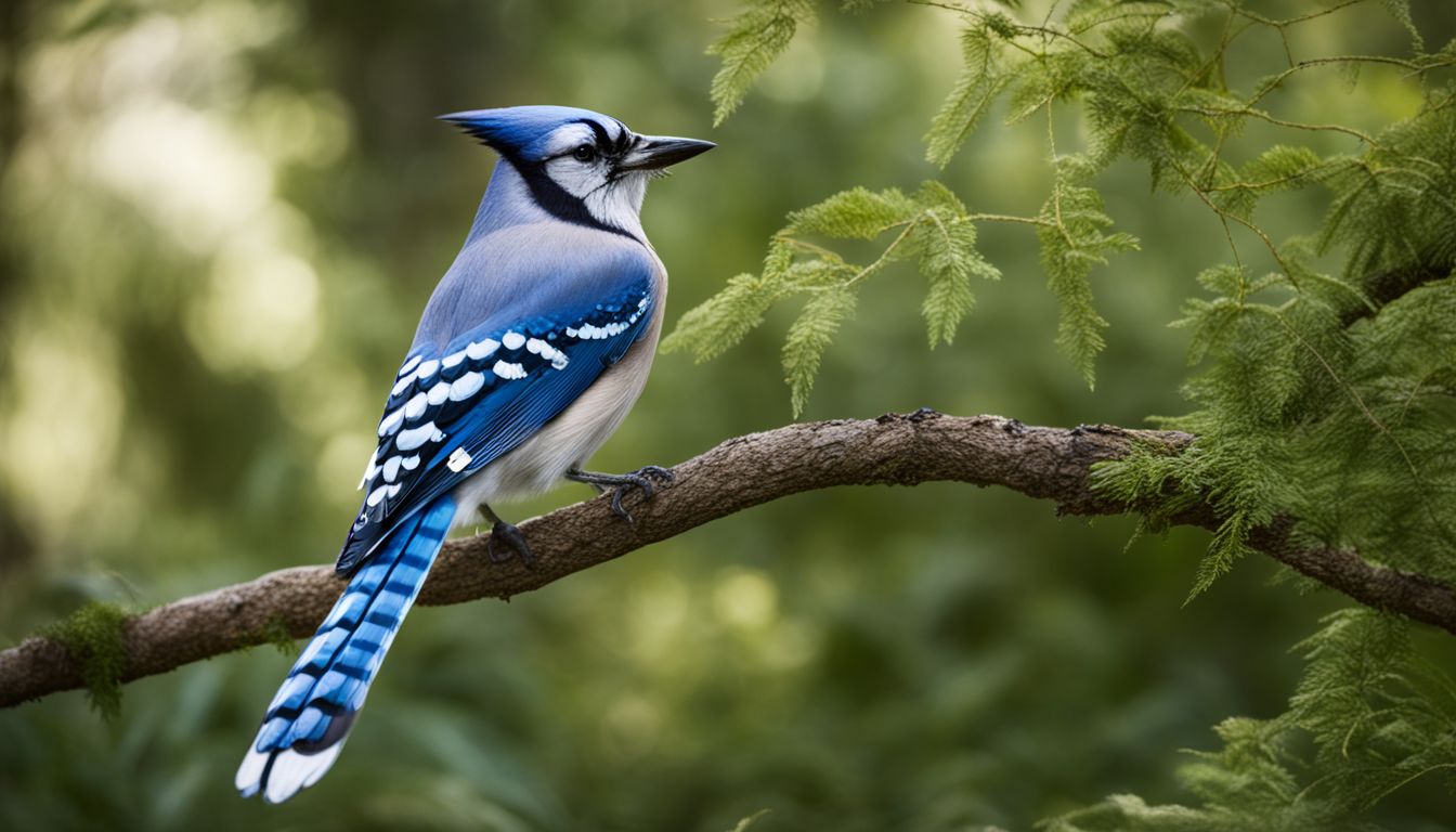A blue jay perched on a tree branch surrounded by lush greenery.