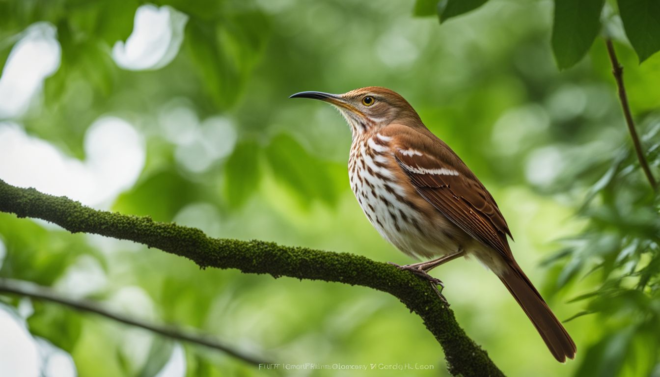 A brown thrasher perched on a tree branch surrounded by green foliage.