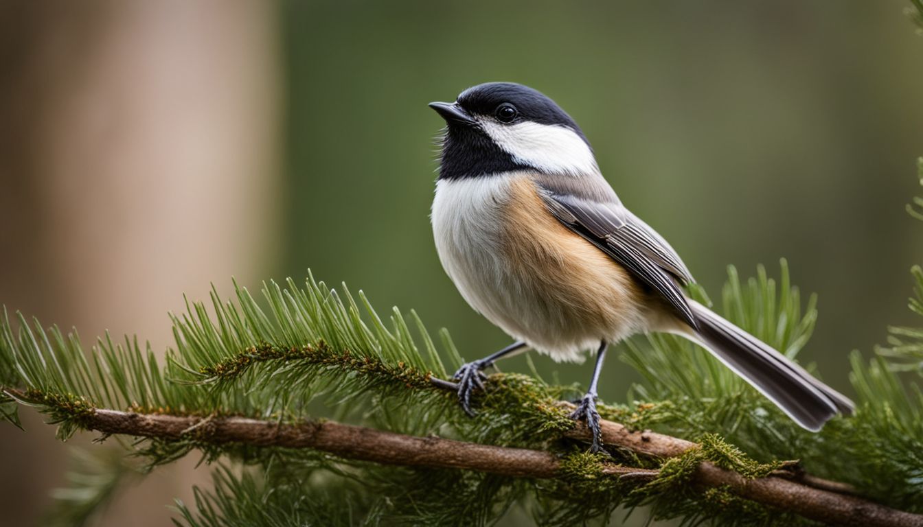 A chickadee perched on a tree branch in lush greenery.