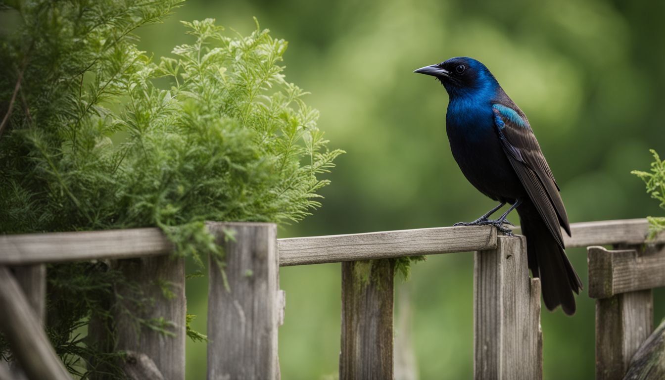 A common grackle perched on a garden fence with lush greenery.