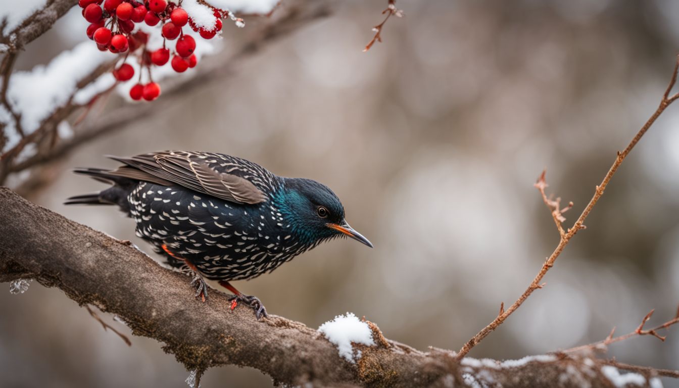 A common starling perched on a mountain ash tree in nature.
