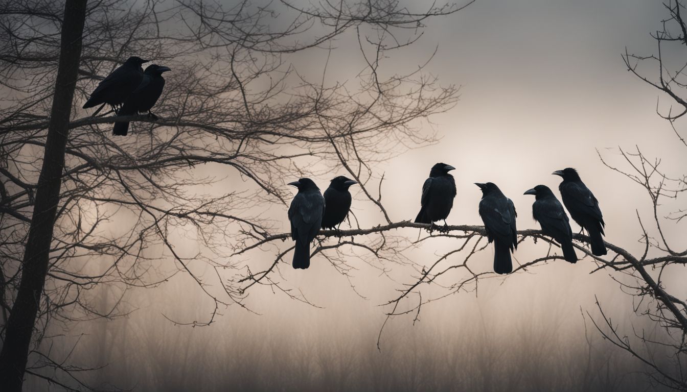 A group of crows perched on mist-covered branches in a forest.