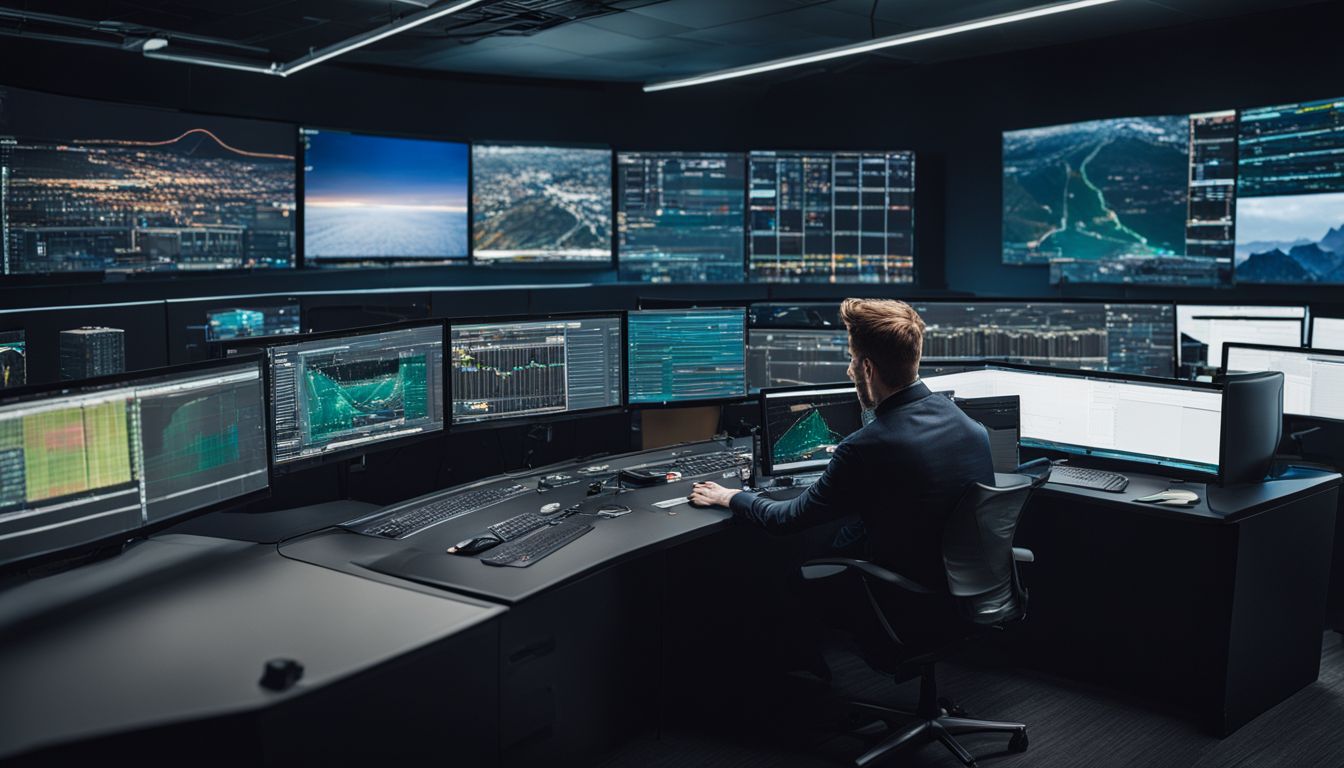 An innovative researcher analyzing data in a modern control room.