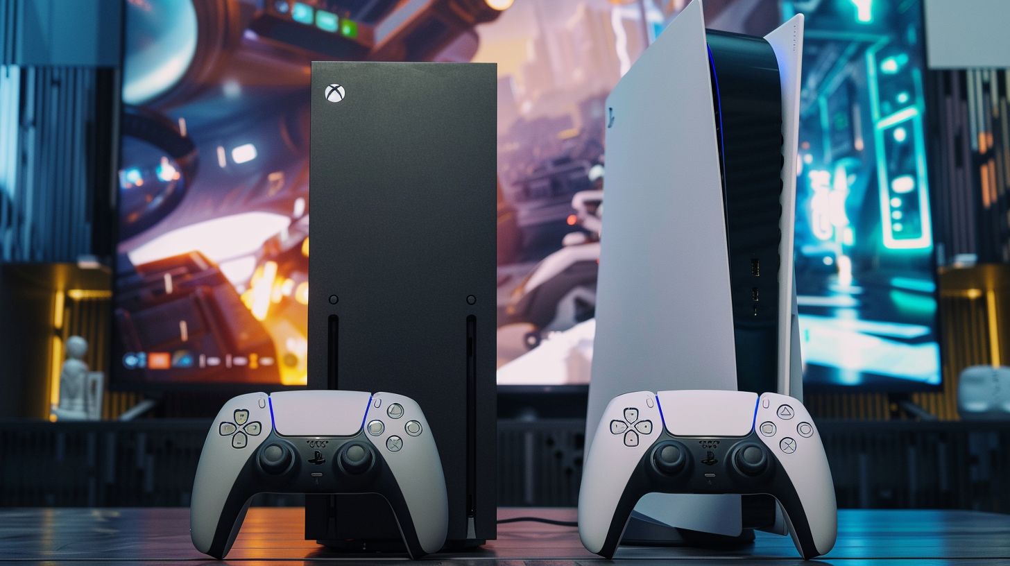 A product photograph of PS5 and Xbox Series X side by side.