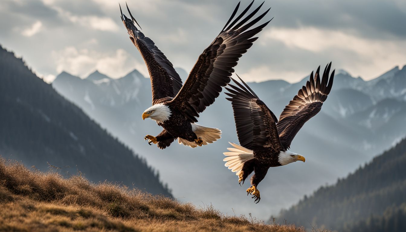 Two majestic eagles soar in synchronized flight against a mountainous backdrop.