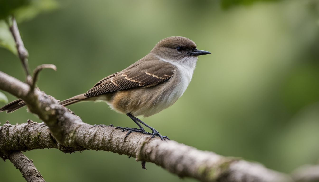 An eastern phoebe perched on a lush tree branch in natural setting.