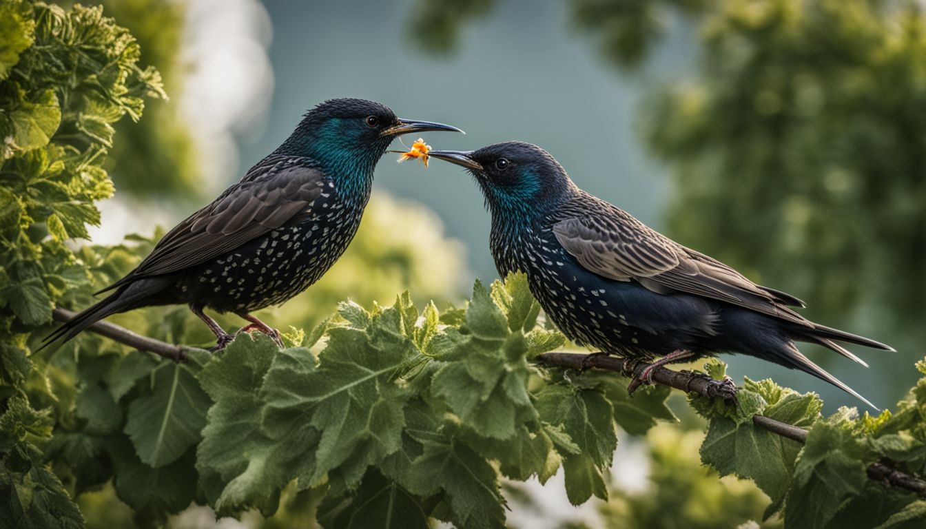 European starlings foraging in a suburban garden in a bustling atmosphere.