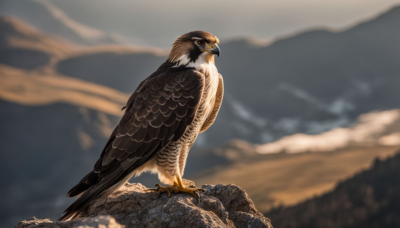 A majestic falcon perched on a high mountain peak in a bustling atmosphere.