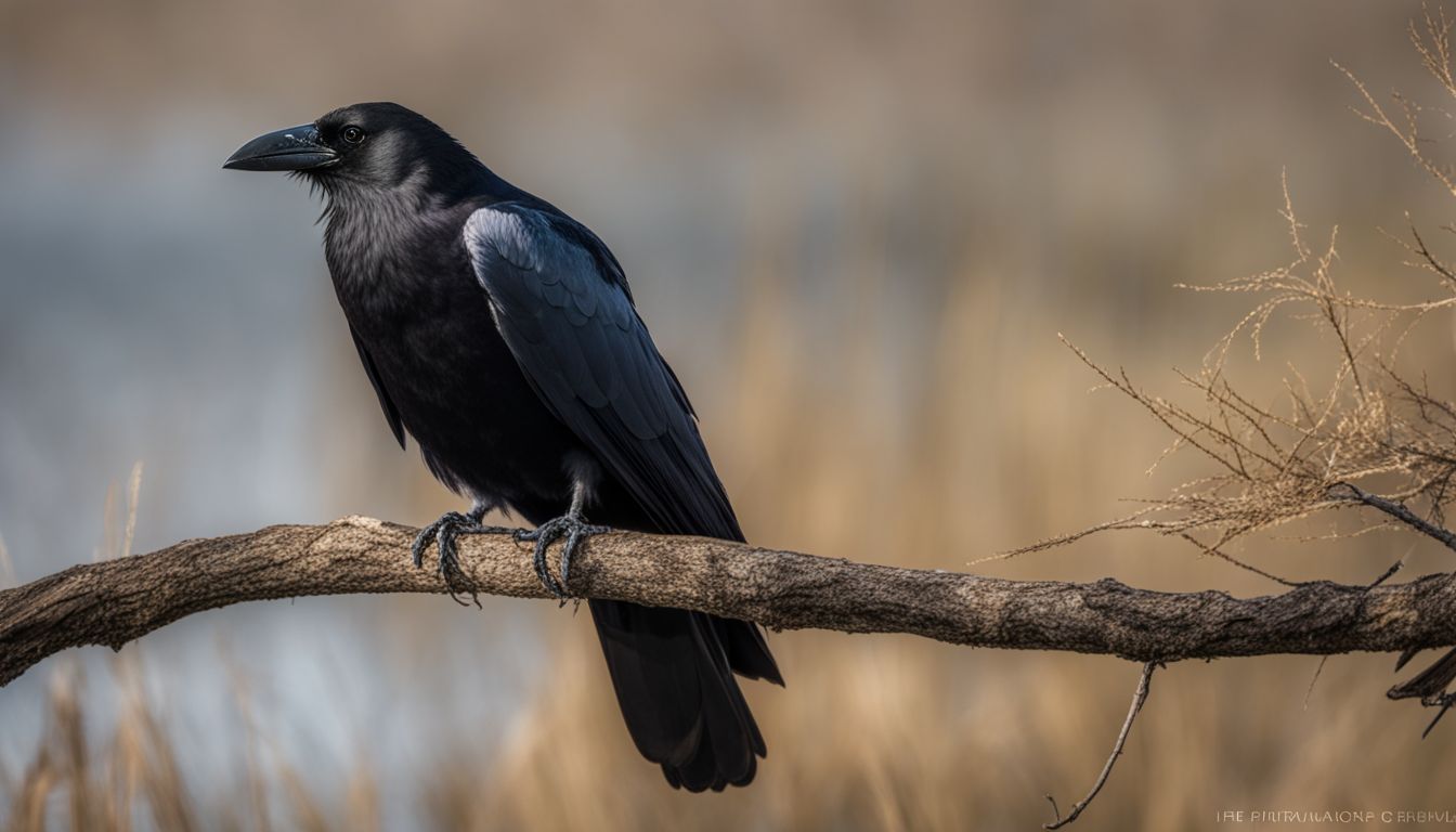 A lone fish crow perched on a tree branch in a marshland.