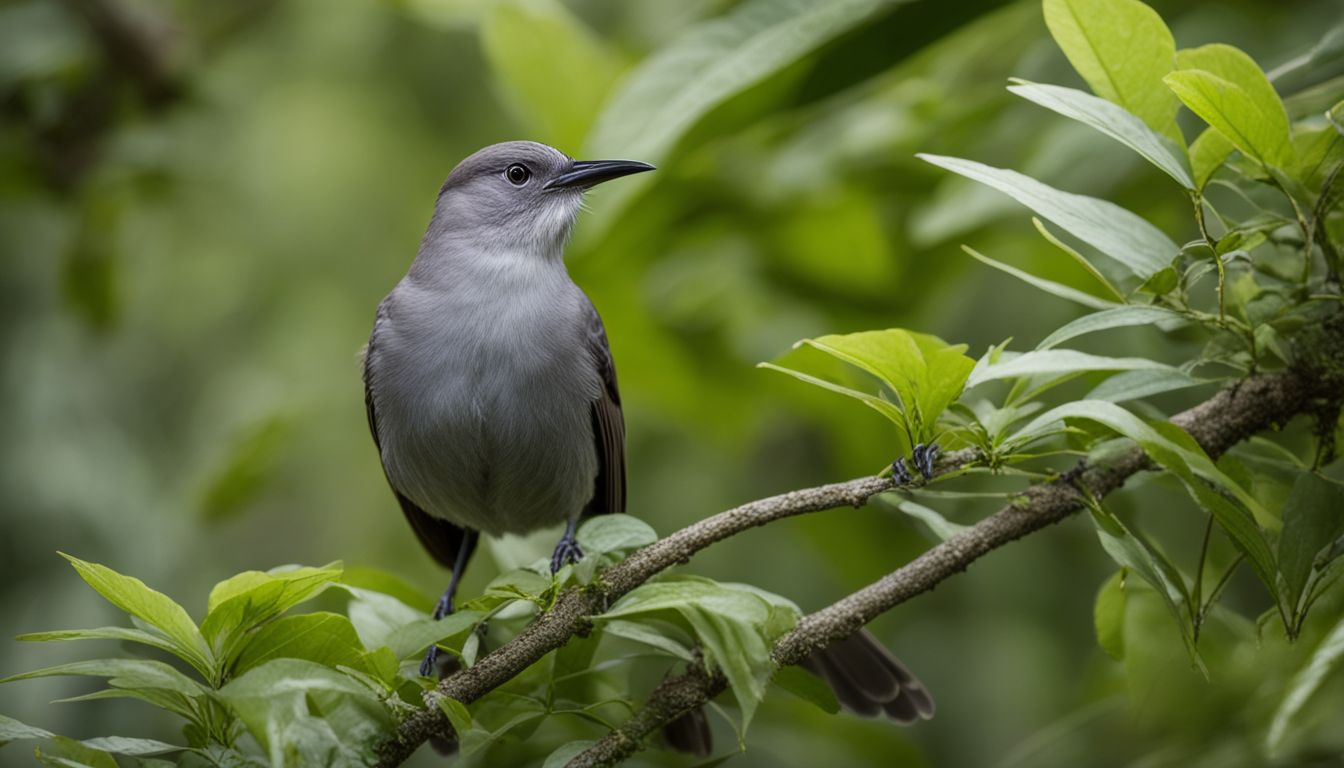 A gray catbird perched in lush foliage, captured in high-definition.