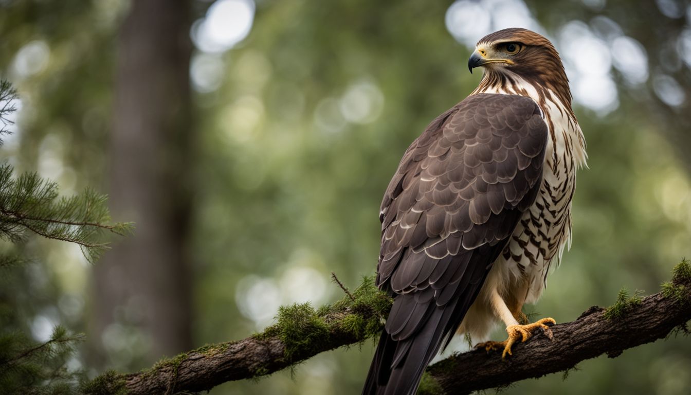A hawk perched on a tree branch in a forest.