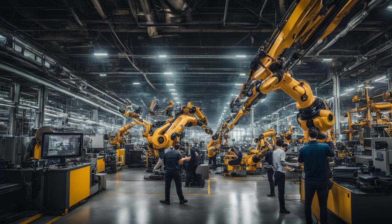 A high-tech manufacturing plant with robotic arms and AI systems.