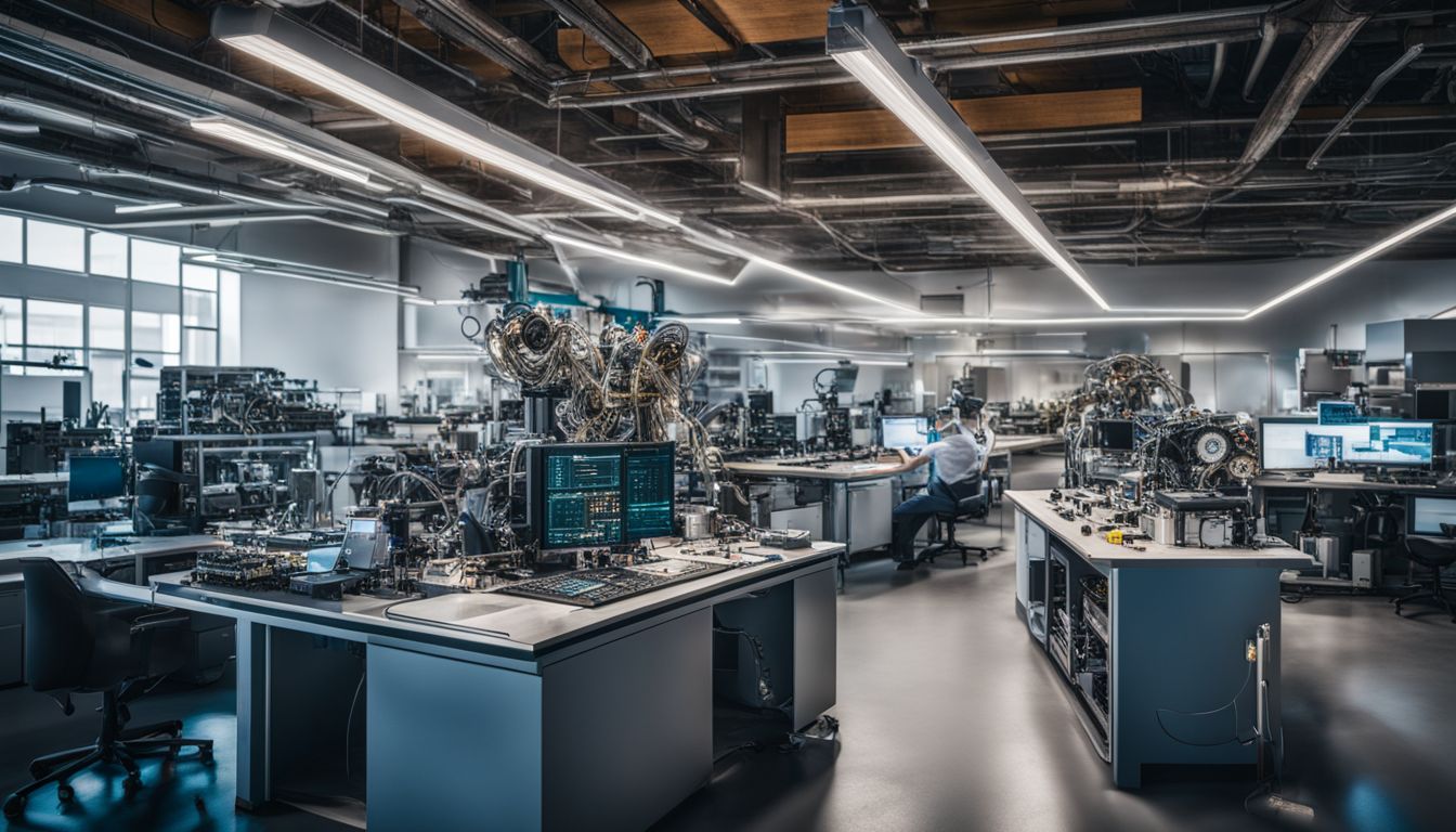 A high-tech laboratory with interconnected gears and circuit boards.