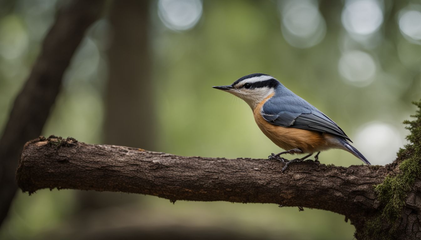 A nuthatch perched on a tree trunk in a lush wooded area.