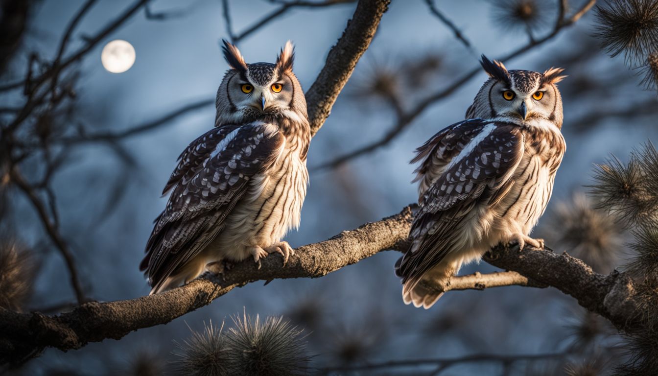 A pair of owls perched on a moonlit tree branch in a wildlife scene.