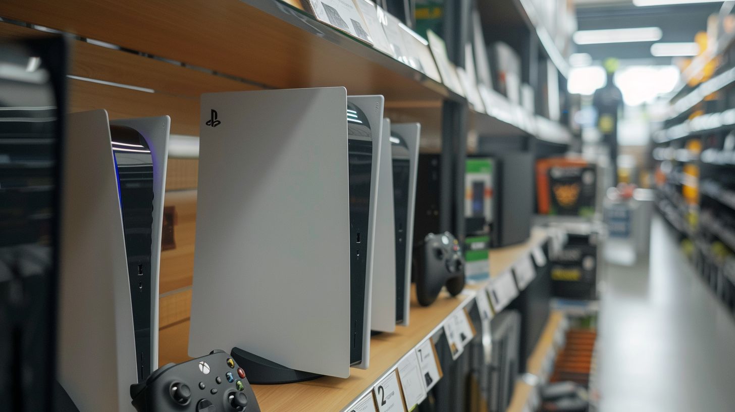 A retail store comparison of PS5 and Xbox Series X boxes.
