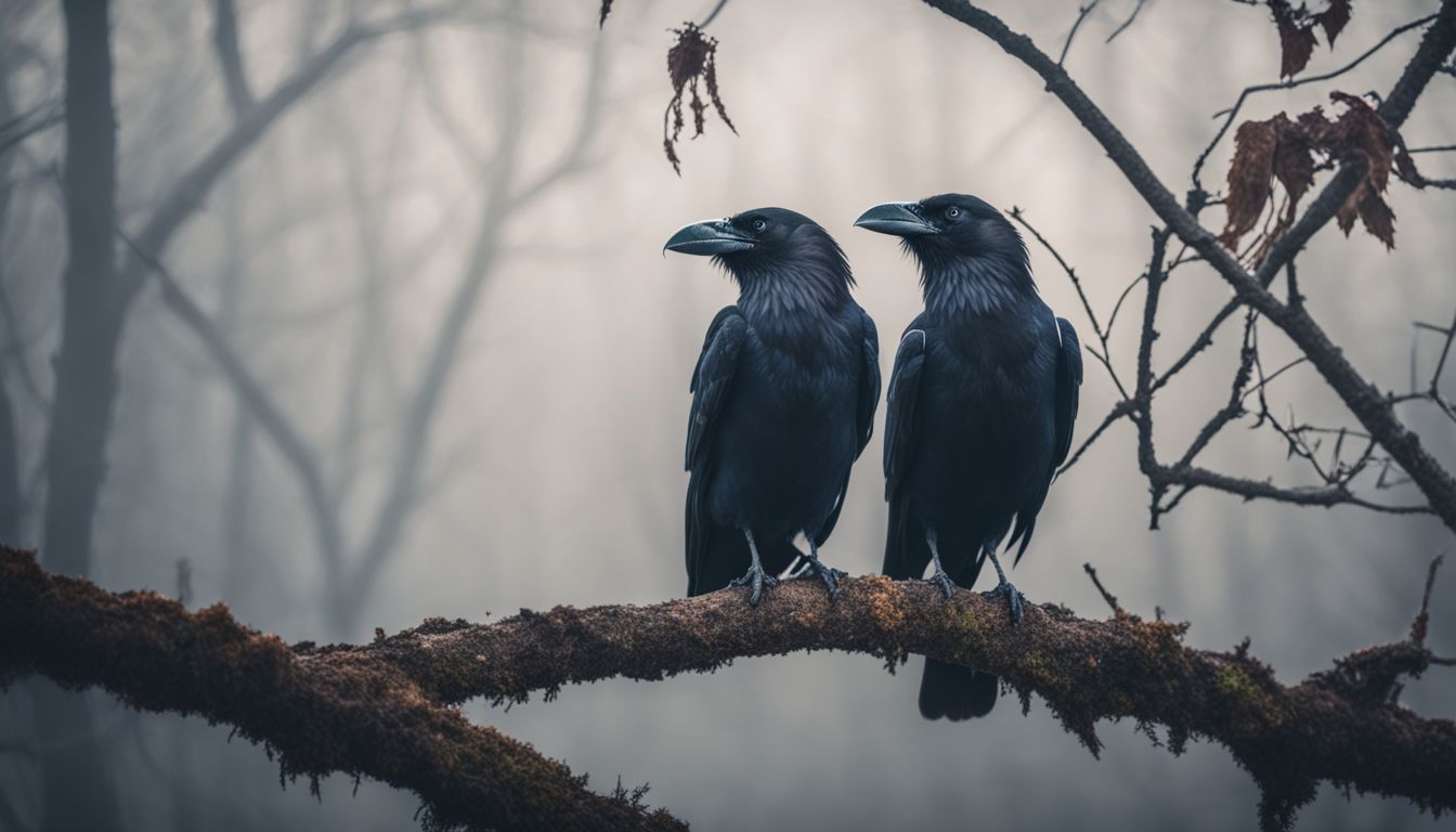 A pair of ravens perched on a foggy tree branch in a wildlife setting.