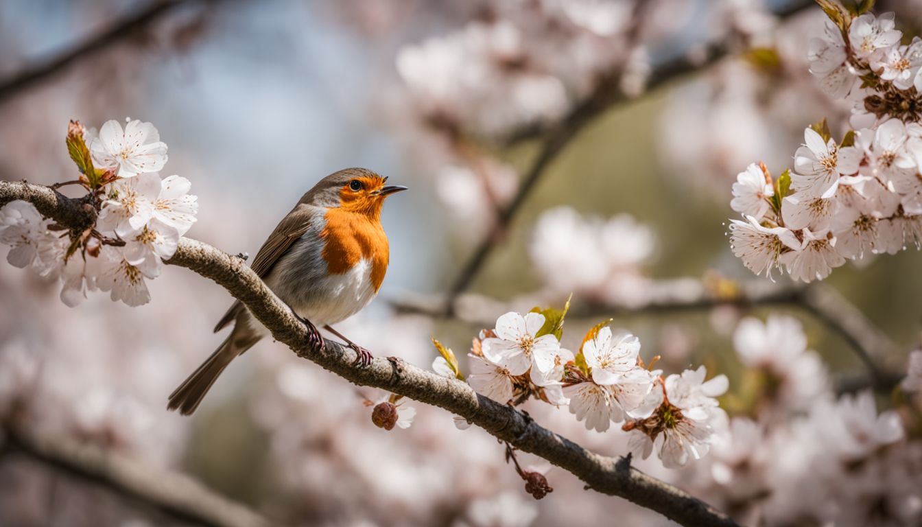 A robin perched on a cherry tree branch in a bustling atmosphere.