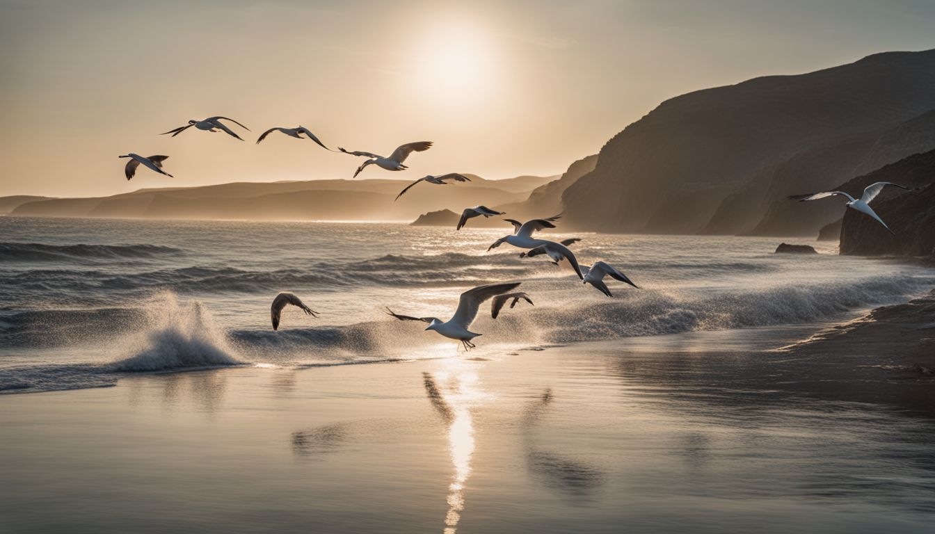 A flock of seagulls in flight over a coastal landscape.