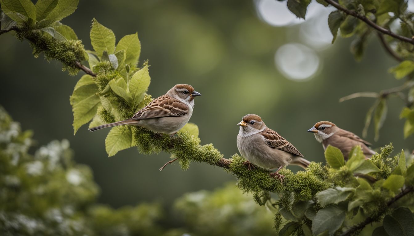 A flock of sparrows perched on a tree branch in a natural setting.
