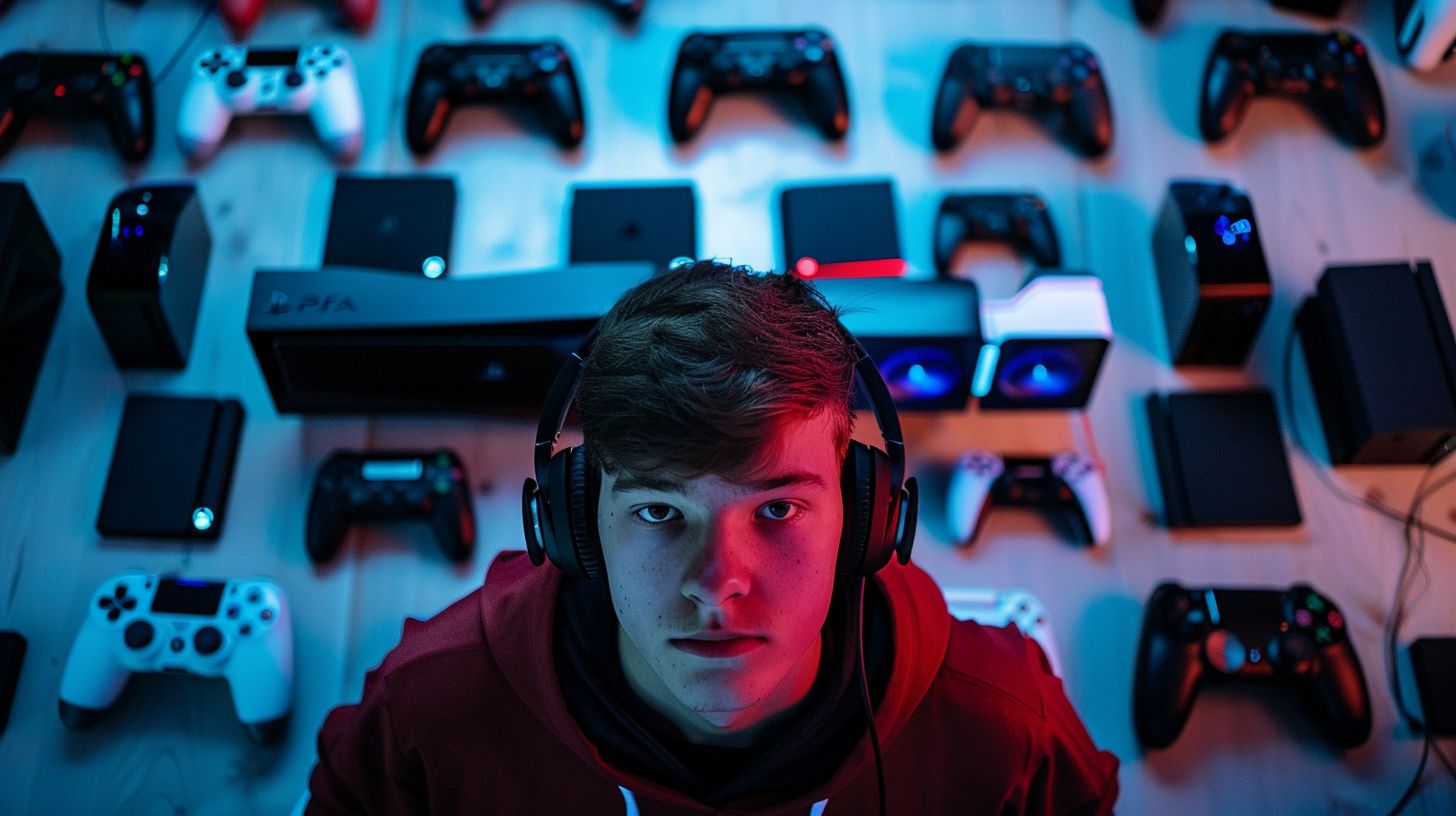 A gaming enthusiast surrounded by PS5 and Xbox Series X devices.