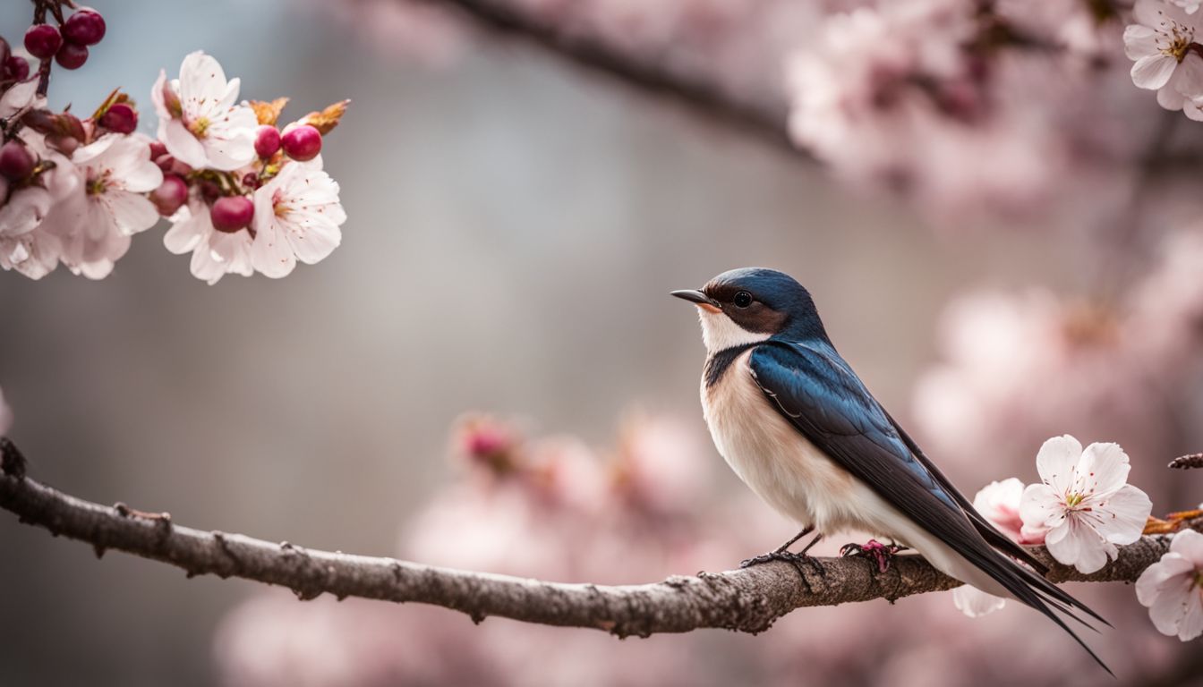 A swallow perched on a blooming cherry blossom tree branch.