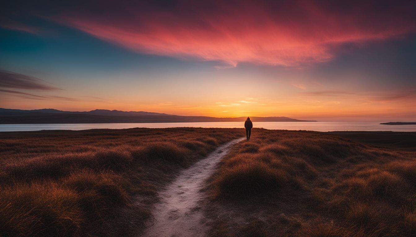 A lone figure walking towards a glowing horizon in a vibrant landscape.