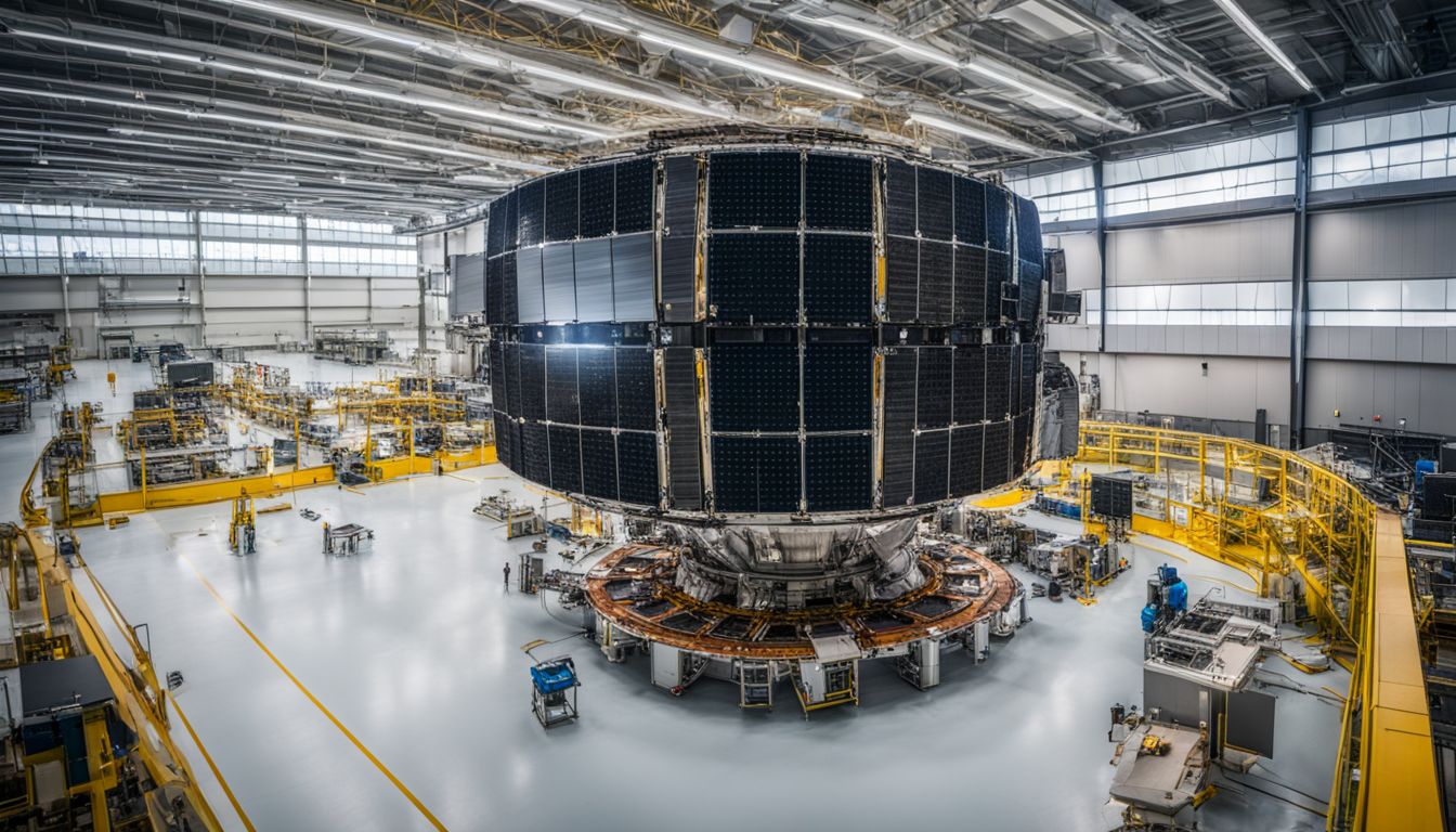 A satellite being assembled in a high-tech government facility.