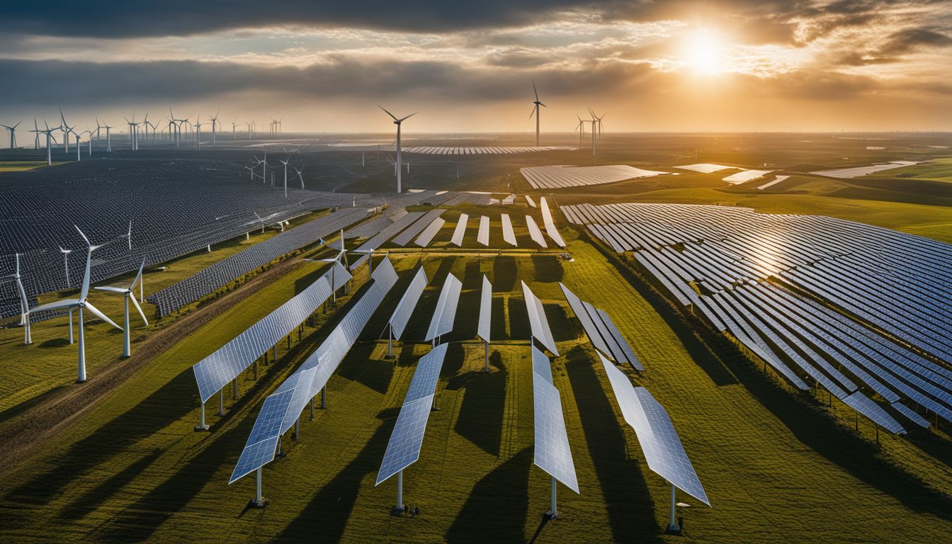 Aerial photo of wind turbines and solar panels in a vast field.