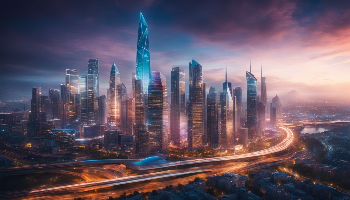 A futuristic city skyline with diverse people and innovative architecture.