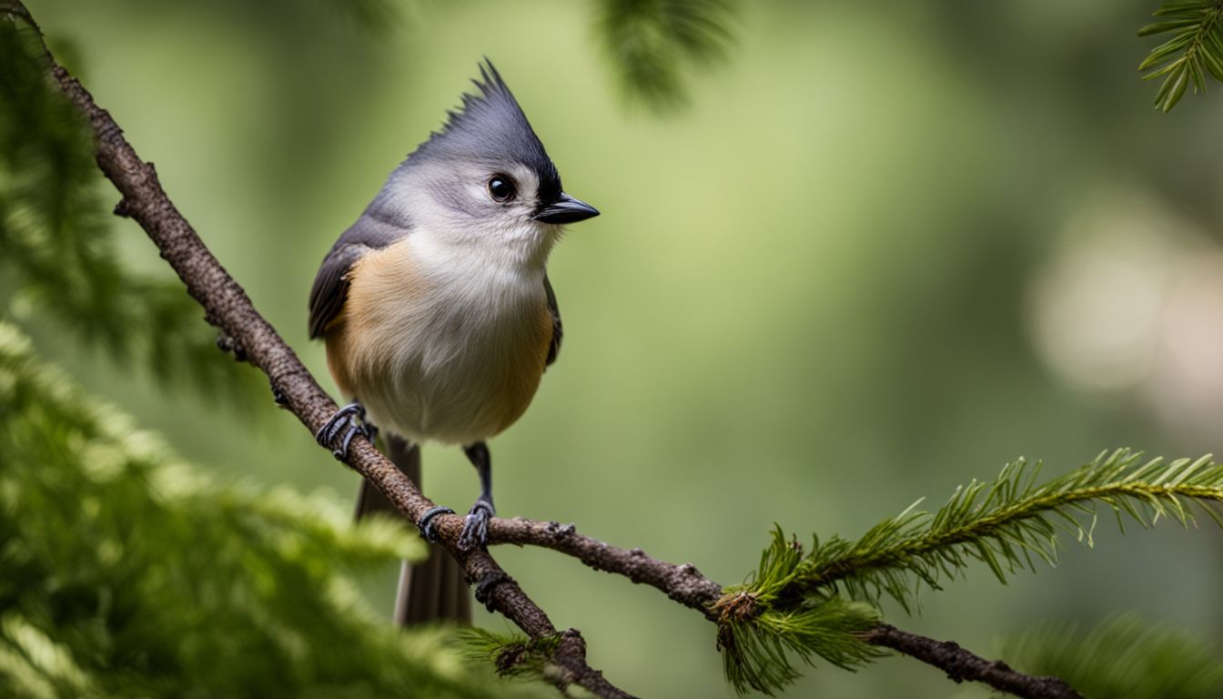A tufted titmouse perched on a tree branch in a lush setting.