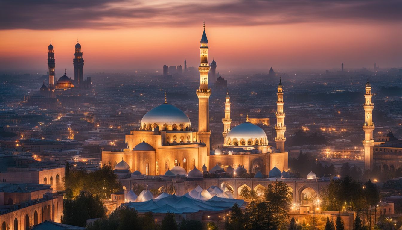 A group of diverse Islamic architectural landmarks standing together in a cityscape.