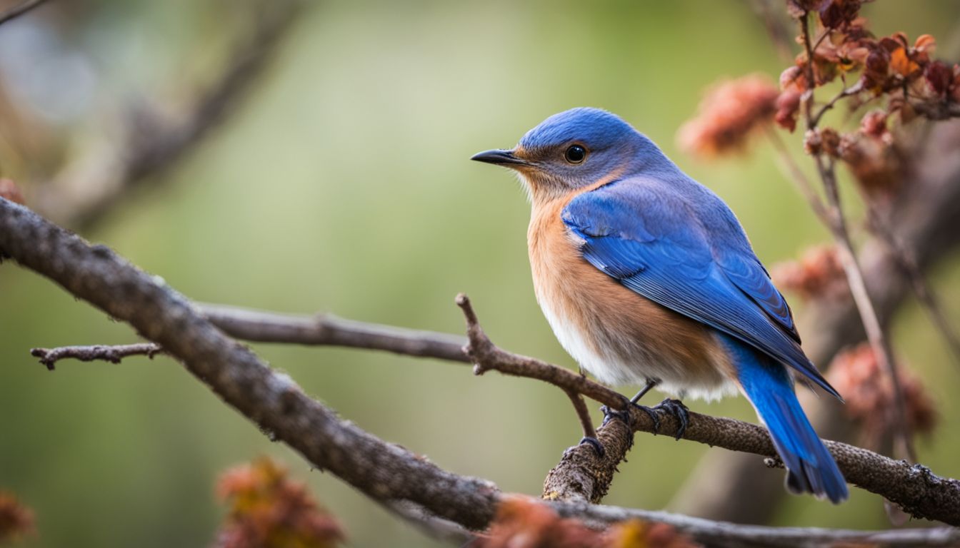 A western bluebird perched on a branch surrounded by vibrant foliage.