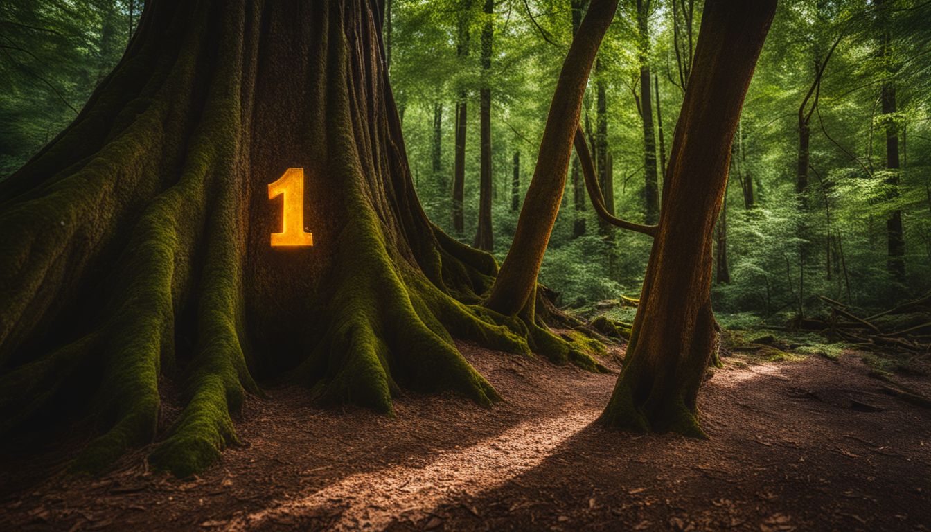 The number 114 carved on a tree in a lush forest.
