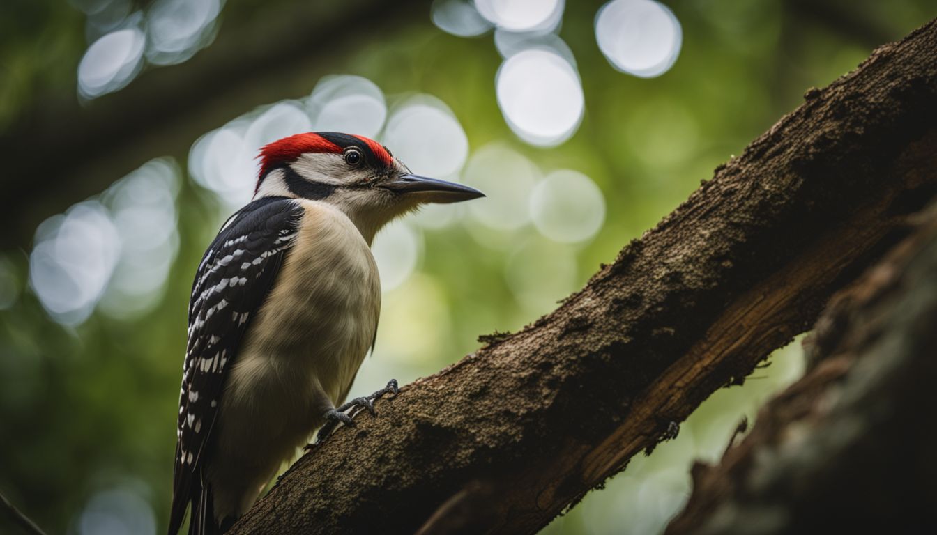 A woodpecker exploring a tree trunk in a lush forest.