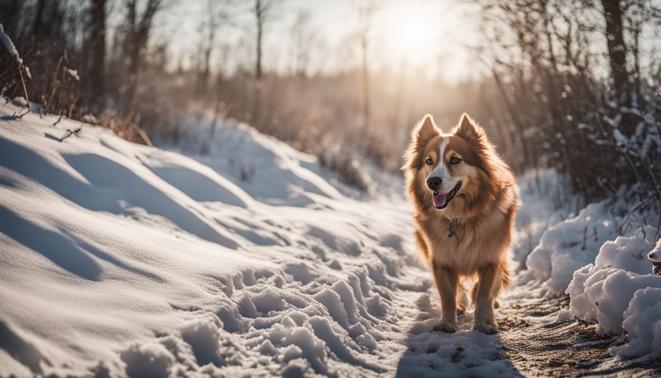 Ein Hund hebt seine Pfote, um sie auf einem verschneiten Pfad zu inspizieren.