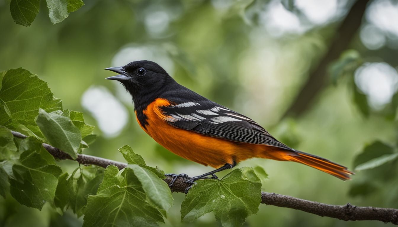 A baltimore oriole perched on a fruit-bearing tree branch