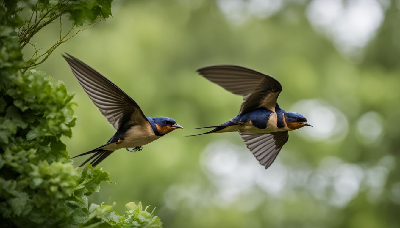 Barn swallows in flight over a lush garden
