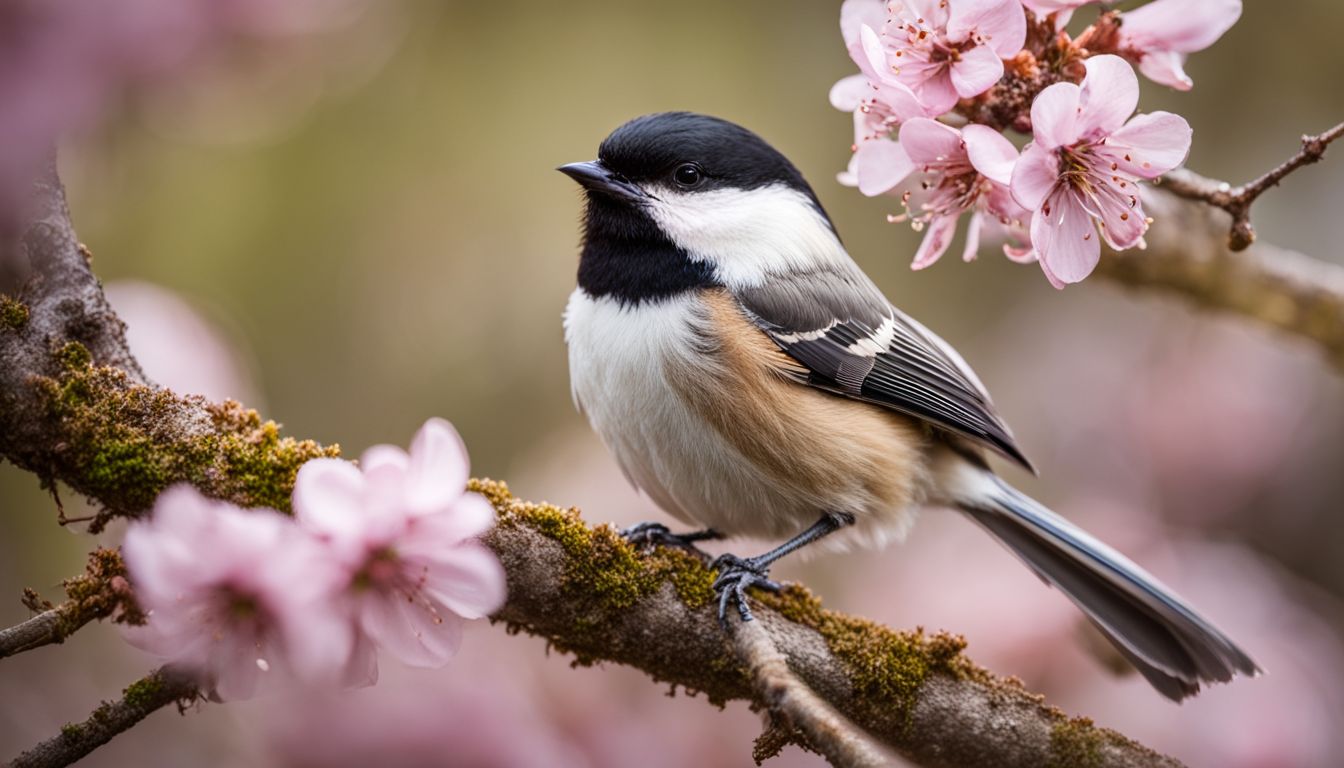 A black-capped chickadee perched on a blooming tree branch